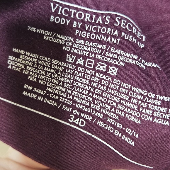 Victoria's Secret Body By Victoria Push Up Bra Burgundy 34D - Picture 3 of 4